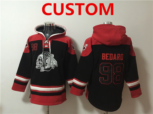 Men%27s Chicago Blackhawks Custom Black Lace-Up Pullover Hoodie
